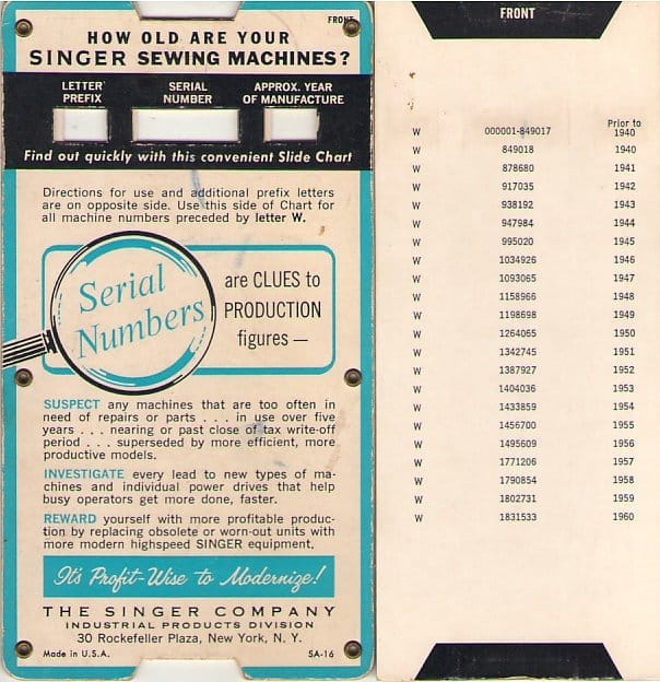 Singer serial number slide chart to date a machine by its serial number. Front side.