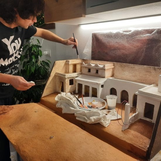 Making a Nativity diorama inside an antique steamer trunk: the buildings ready to receive details