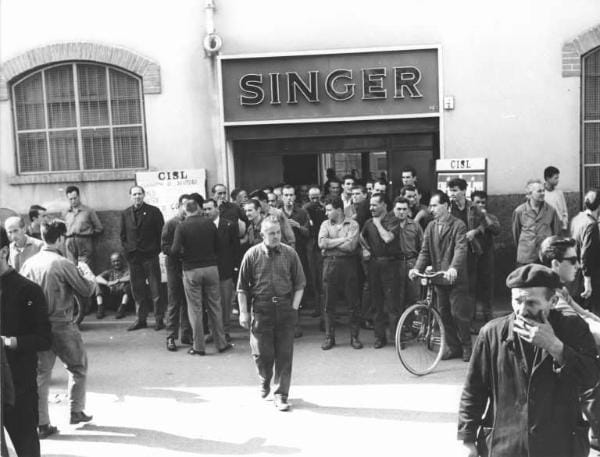 Workers on strike outside the Singer factory in Monza, 14th September 1965