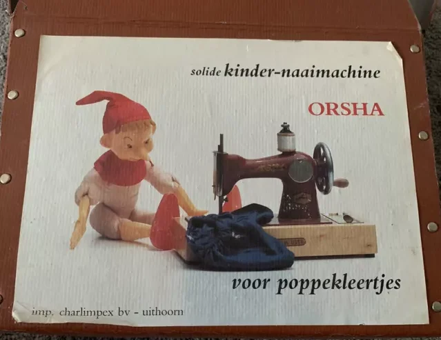 The original cardboard box of an Orsha toy sewing machine for the Dutch market