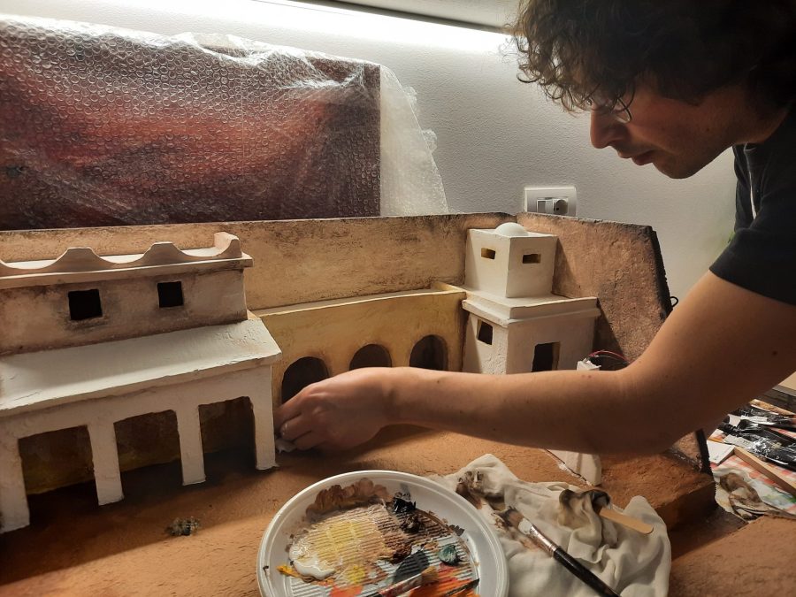 Making a Nativity diorama inside an antique steamer trunk: painting the buildings