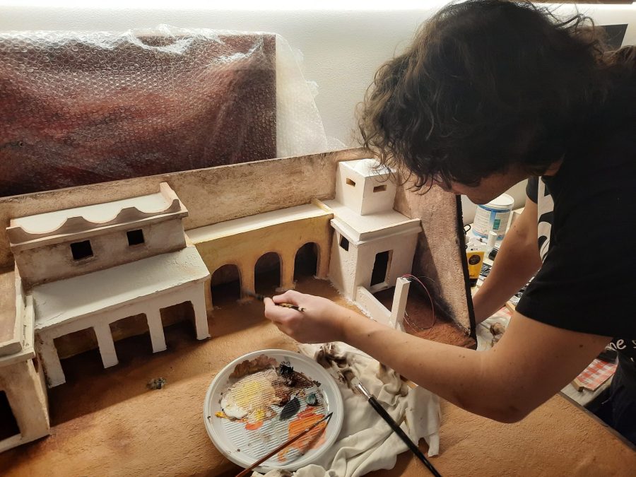 Making a Nativity diorama inside an antique steamer trunk: painting the buildings