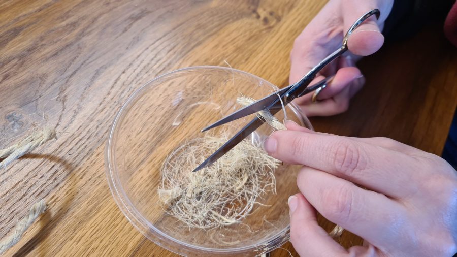 Making a Nativity diorama inside an antique steamer trunk: making the hay for the manger