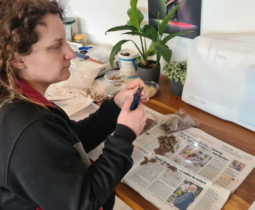 Making a Nativity diorama inside an antique steamer trunk: paving the horses stable and the main square's porch