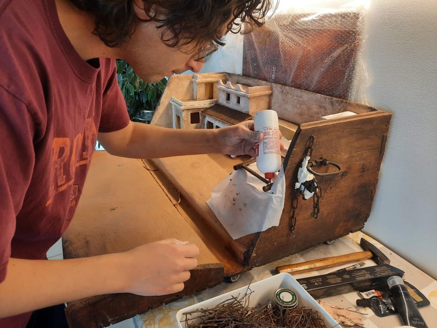 Making a Nativity diorama inside an antique steamer trunk: building the roof for the stable