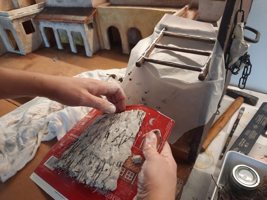 Making a Nativity diorama inside an antique steamer trunk: building the roof for the stable