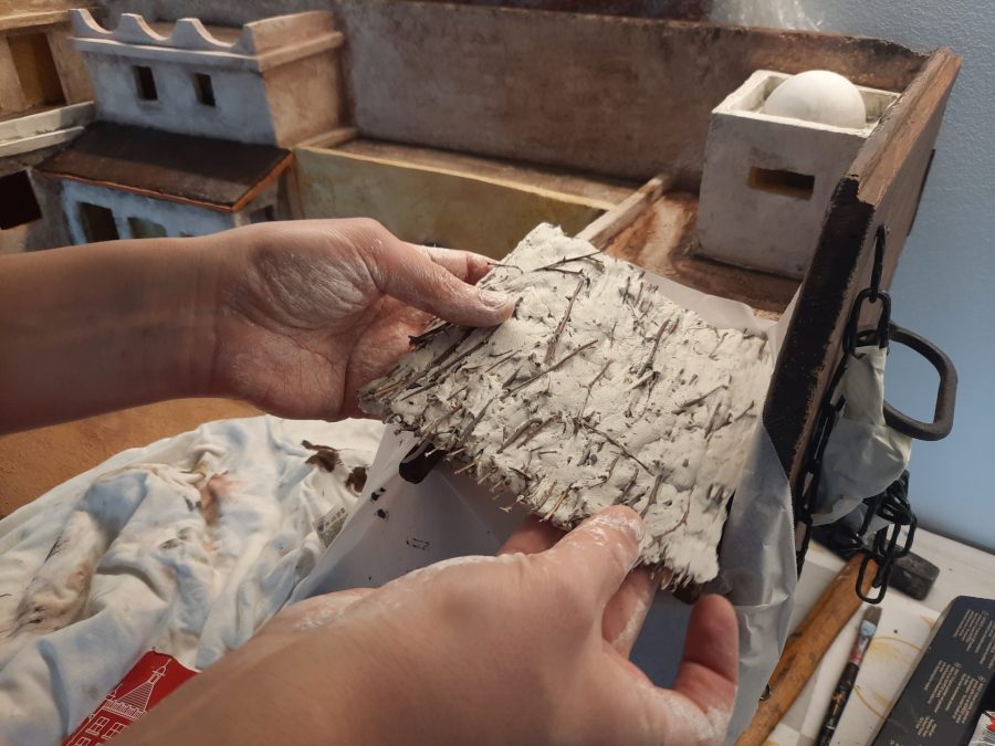 Making a Nativity diorama inside an antique steamer trunk: building the roof for the stable