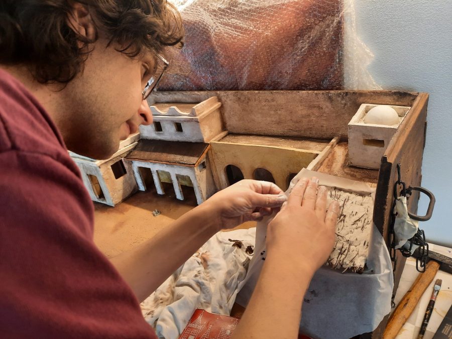 Making a Nativity diorama inside an antique steamer trunk: building the roof for the stable