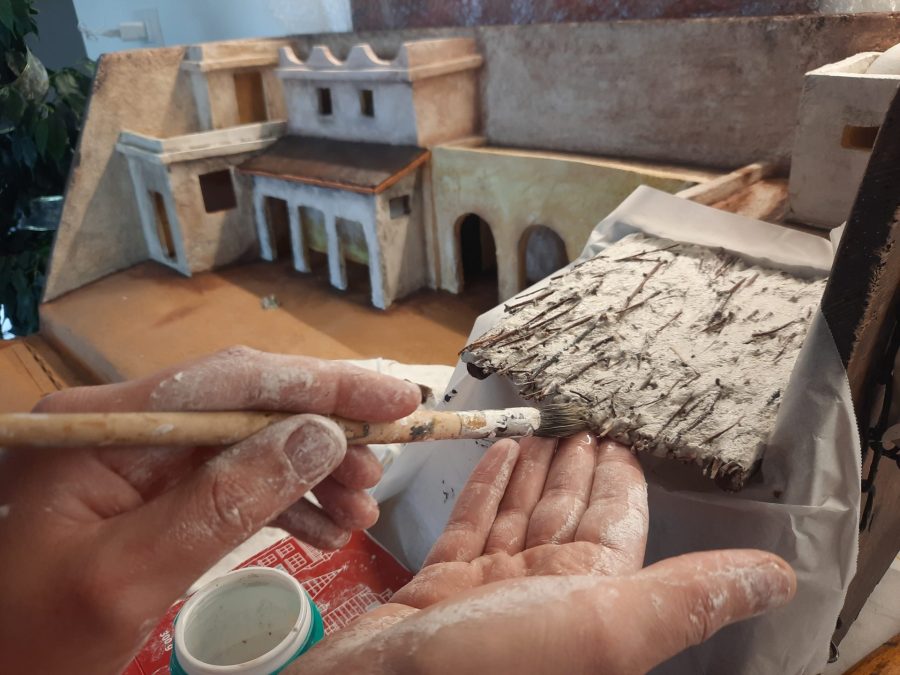 Making a Nativity diorama inside an antique steamer trunk: building the roof for the stable