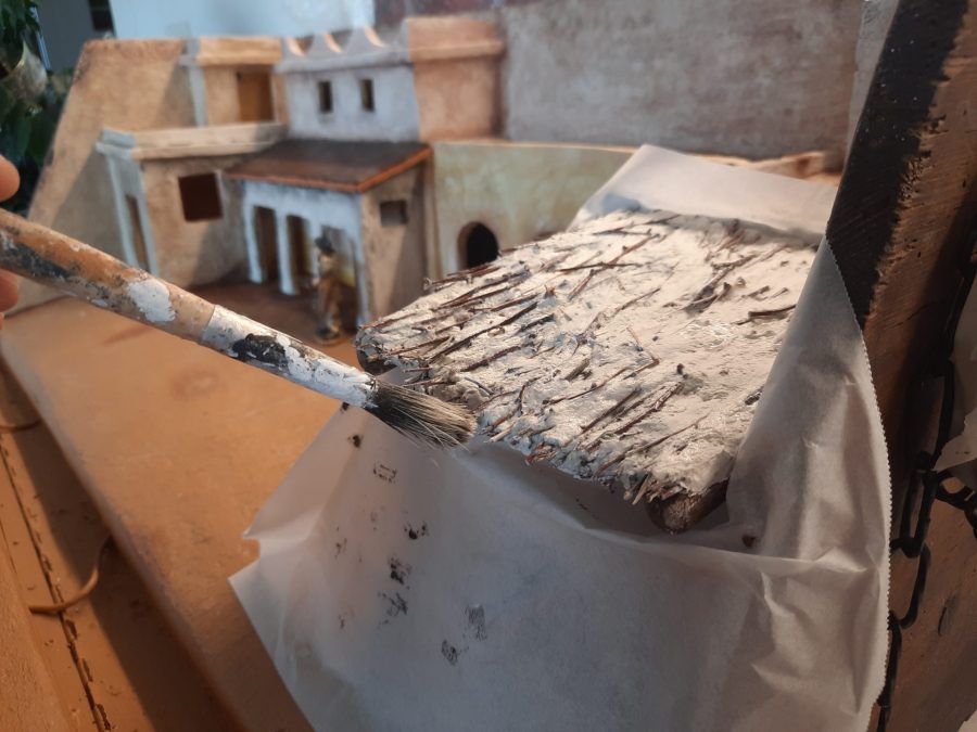 Making a Nativity diorama inside an antique steamer trunk: building the roof for the stable