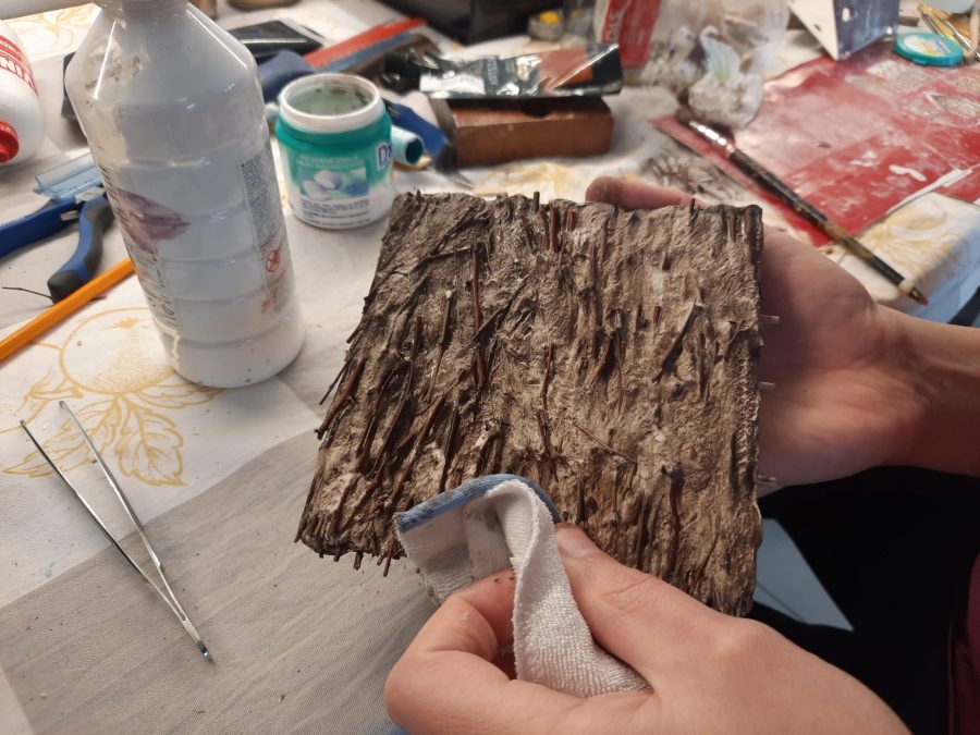 Making a Nativity diorama inside an antique steamer trunk: building the roof for the stable
