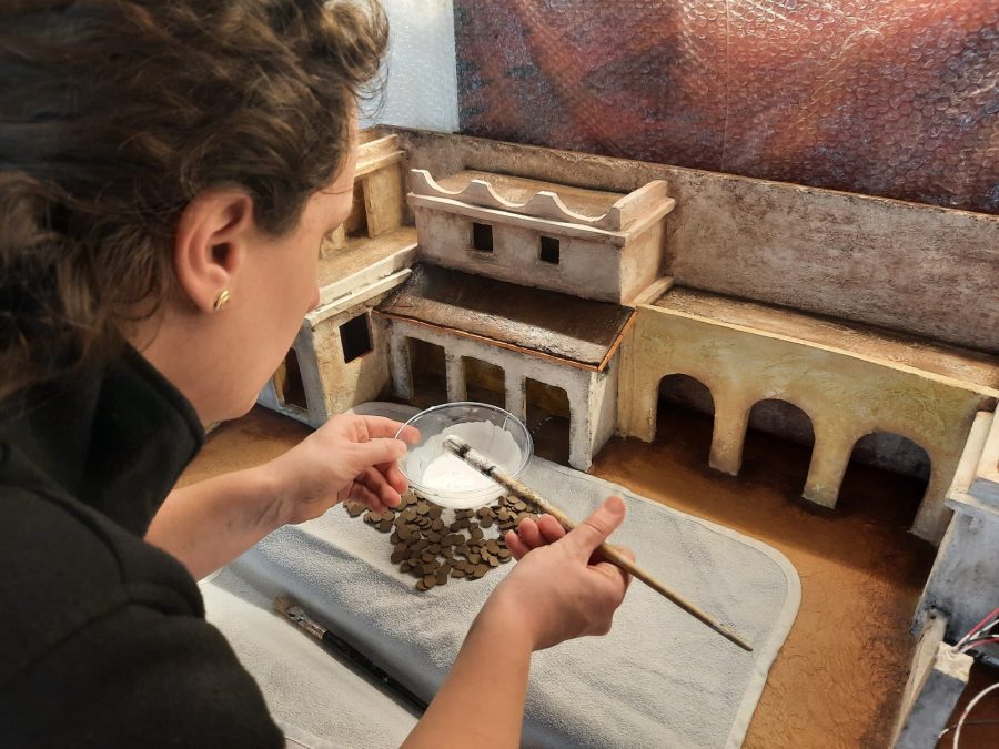 Making a Nativity diorama inside an antique steamer trunk: paving the horses stable and the main square's porch
