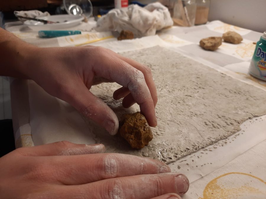 Making a Nativity diorama inside an antique steamer trunk: paving the town square