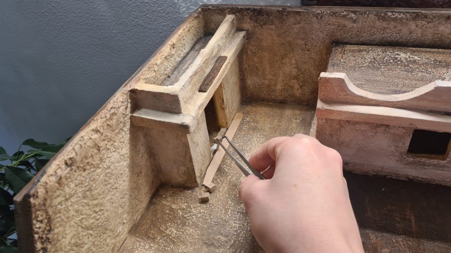 Making a Nativity diorama inside an antique steamer trunk: making the threshold of a home
