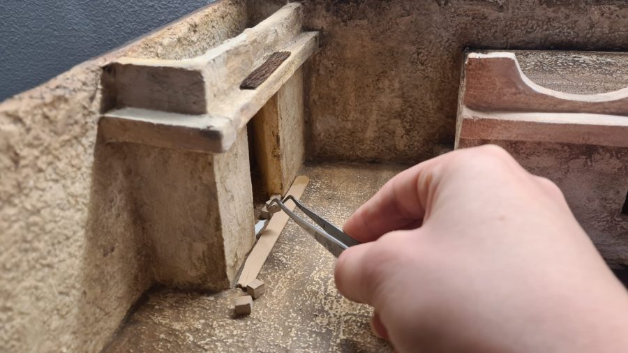 Making a Nativity diorama inside an antique steamer trunk: making the threshold of a home