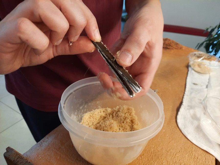 Making a Nativity diorama inside an antique steamer trunk: making a wooden roof out of popsicle sticks