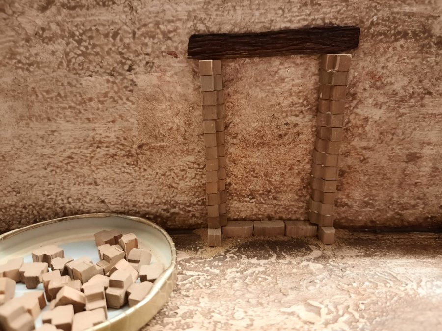 Making a Nativity diorama inside an antique steamer trunk: creating a fake doorway