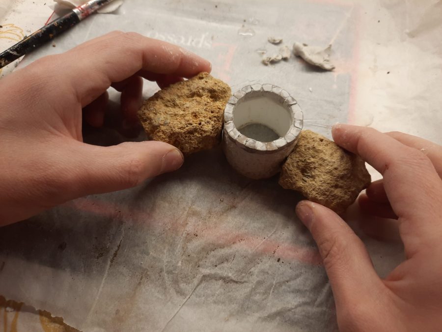 Making a Nativity diorama inside an antique steamer trunk: crafting the town well
