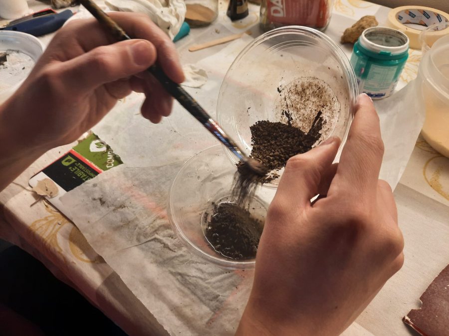 Making a Nativity diorama inside an antique steamer trunk: crafting an indoor pavement