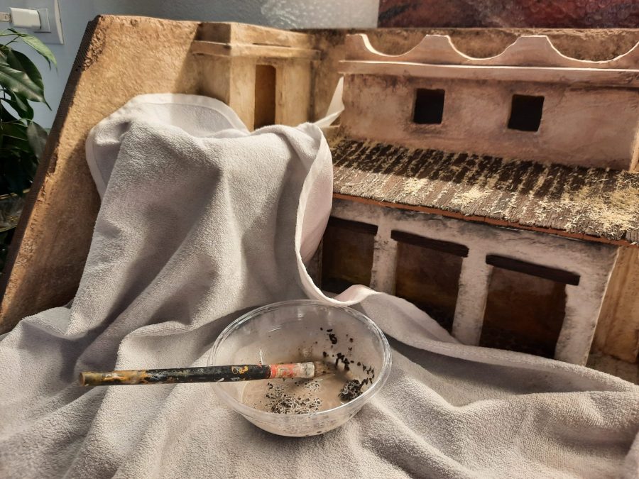 Making a Nativity diorama inside an antique steamer trunk: crafting an indoor pavement