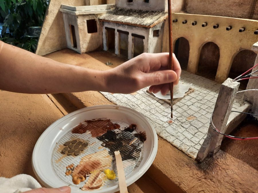 Making a Nativity diorama inside an antique steamer trunk: painting the main square