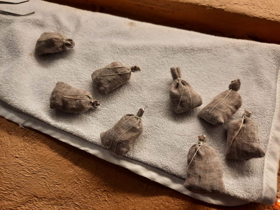 Making a Nativity diorama inside an antique steamer trunk: sewing fabric bags