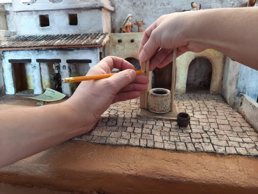 Making a Nativity diorama inside an antique steamer trunk: mounting the well