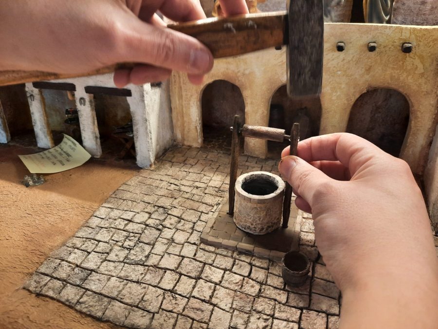 Making a Nativity diorama inside an antique steamer trunk: mounting the well