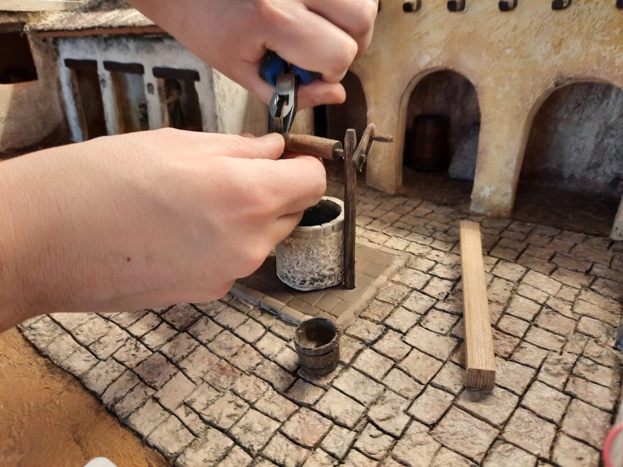 Making a Nativity diorama inside an antique steamer trunk: mounting the well