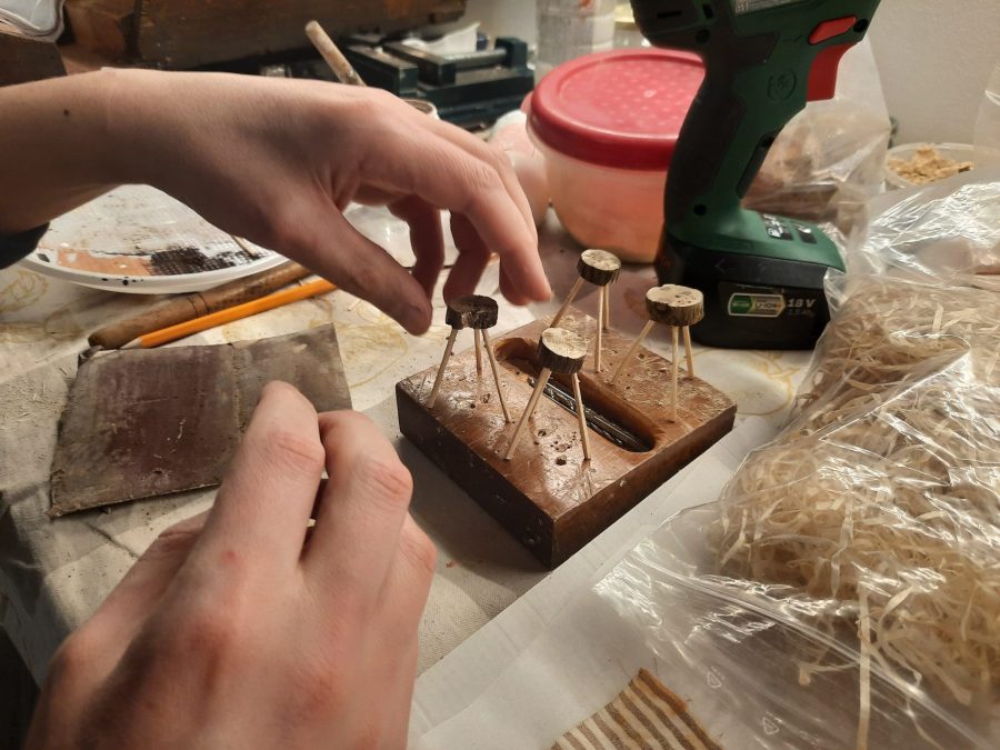 Making a Nativity diorama inside an antique steamer trunk: making stools