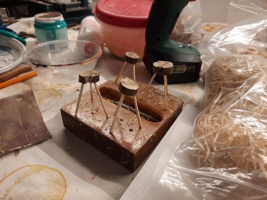 Making a Nativity diorama inside an antique steamer trunk: making stools