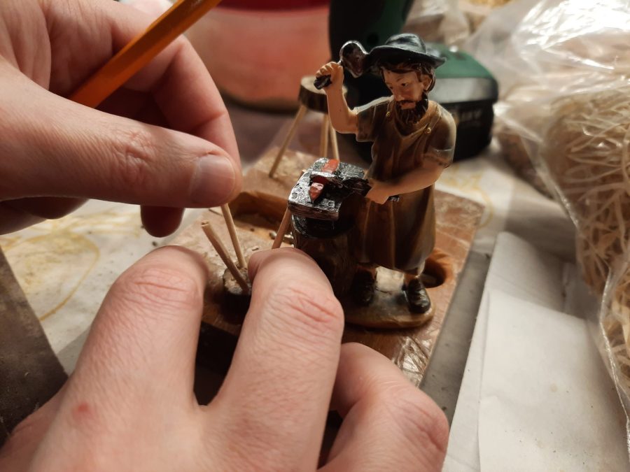 Making a Nativity diorama inside an antique steamer trunk: making stools