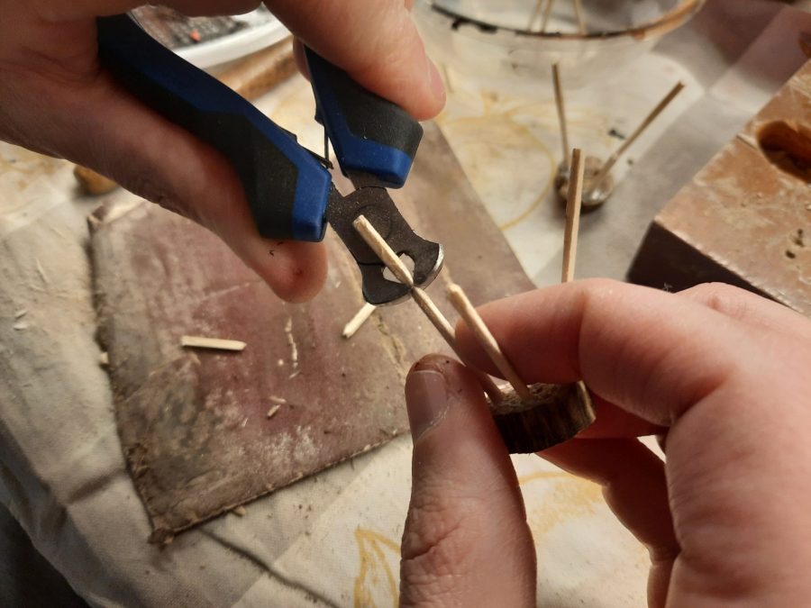 Making a Nativity diorama inside an antique steamer trunk: making stools