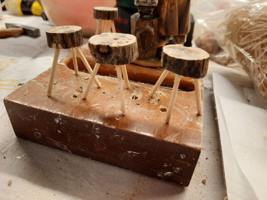 Making a Nativity diorama inside an antique steamer trunk: making stools