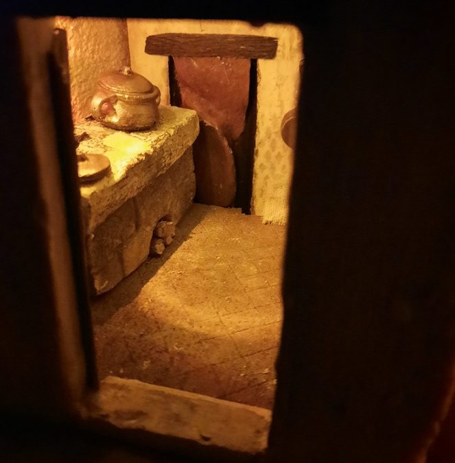 Making a Nativity diorama inside an antique steamer trunk: the kitchen