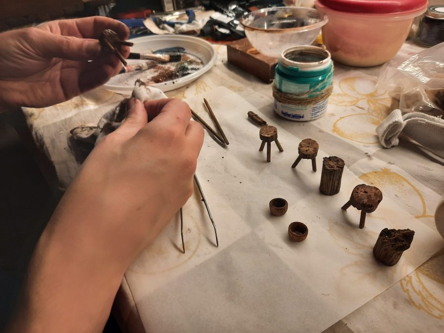 Making a Nativity diorama inside an antique steamer trunk: making stools