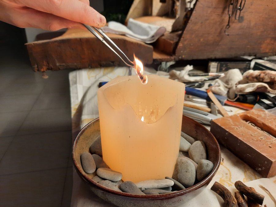 Making a Nativity diorama inside an antique steamer trunk: giving life to fires