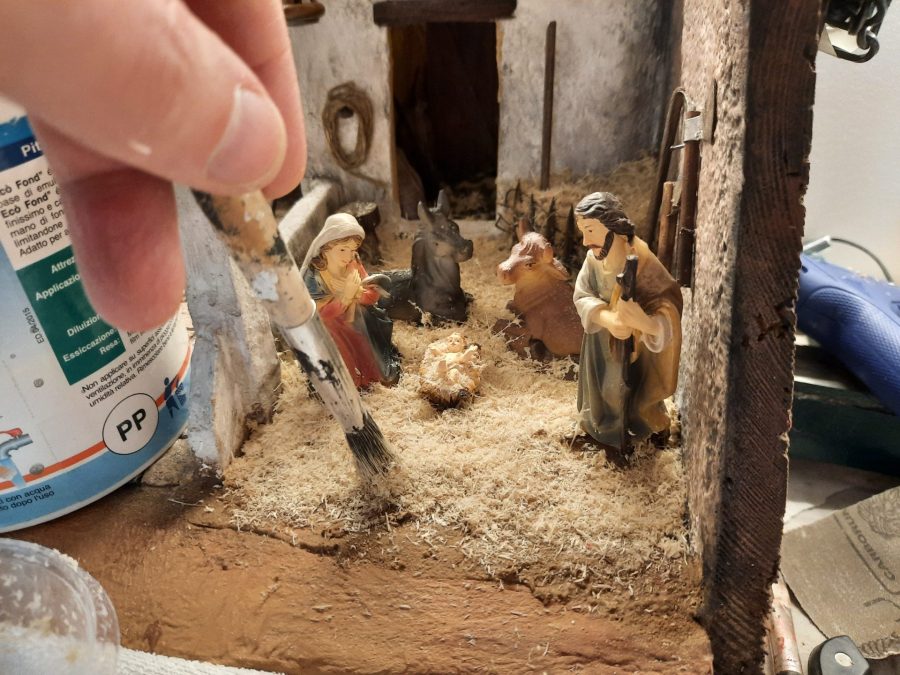 Making a Nativity diorama inside an antique steamer trunk: refining details in the holy stable