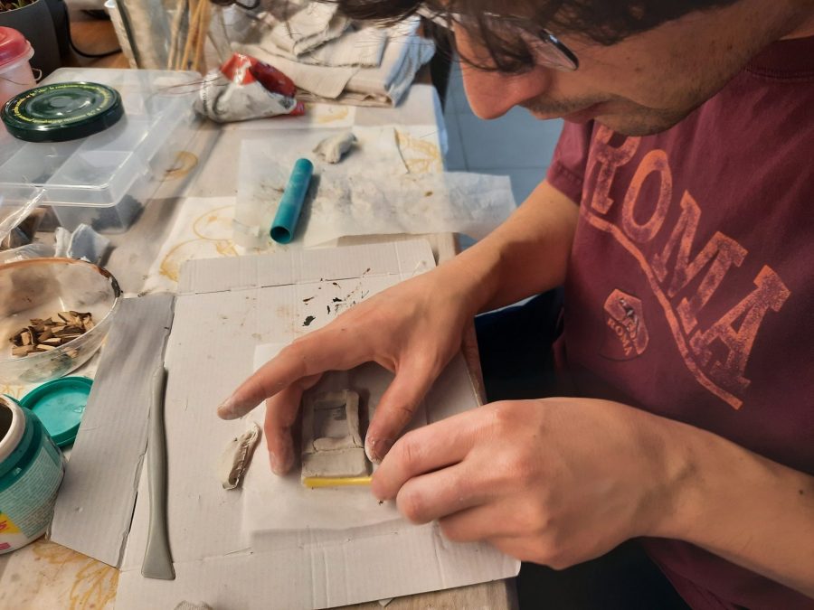 Making a Nativity diorama inside an antique steamer trunk: sculpting the forge