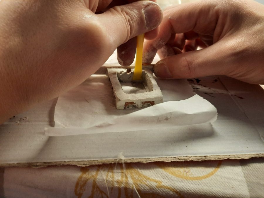 Making a Nativity diorama inside an antique steamer trunk: sculpting the forge