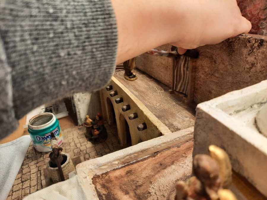 Making a Nativity diorama inside an antique steamer trunk: detailing the balcony above the porch