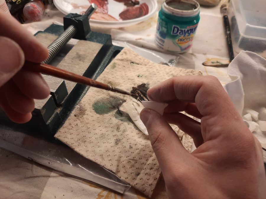 Making a Nativity diorama inside an antique steamer trunk: detailing the balcony above the porch to host the sculptor's canopy
