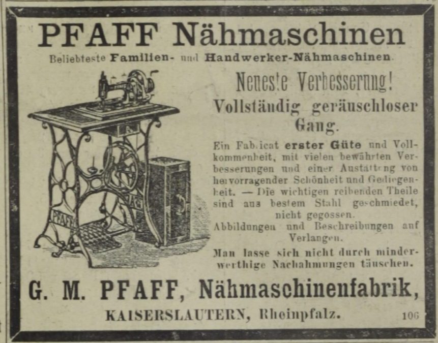 Newspaper advertisement of the sewing machine factory G. M. Pfaff from 1887 (Wikimedia Commons)
