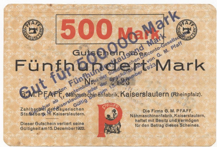 1922 Pfaff 500 Mark coupon and 1923 500,000 Mark stamp