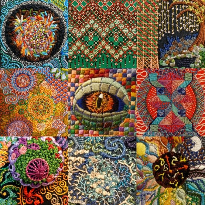 Examples of Owen Kelly's artwork: embroidered quilt