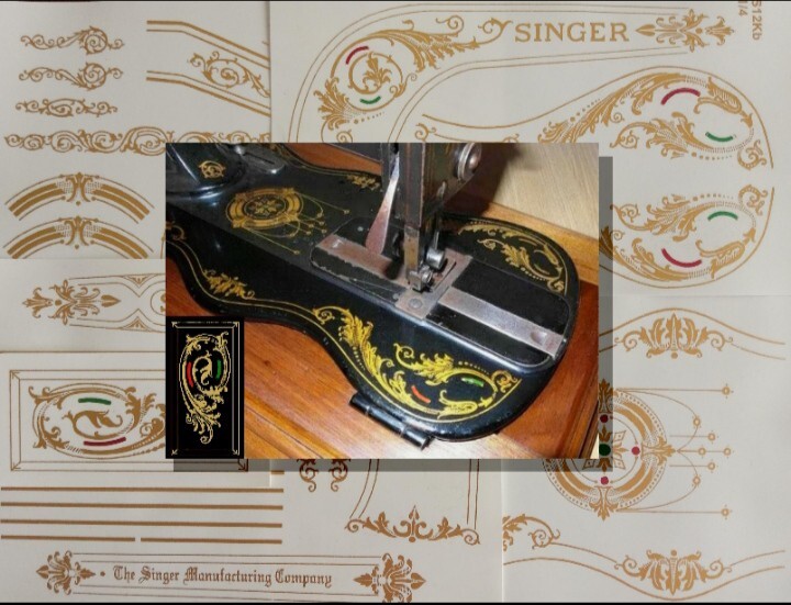 If you want to restore the decals on your Singer sewing machine, you can buy new ones from specialists. Here, an example of Acantus Leaves decal sets for a Singer 12K