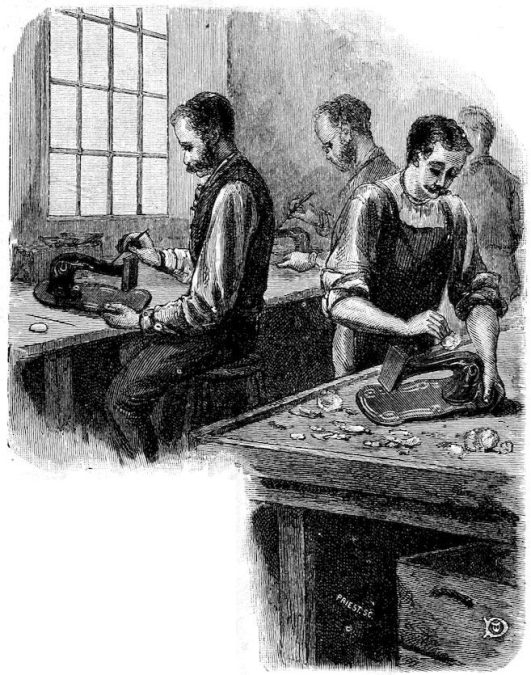 Iillustration from 1864 of men at work hand-ornamenting Singer sewing machines. From the book by Isaac M. Singer “Genius Rewarded, or the history of the sewing machine“