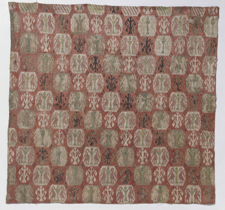 Hand embroidery with silk thread and bast fiber thread on plain weave linen fabric. National Museum of Art, Architecture and Design, Oslo, Norway. Object number: OK-04910