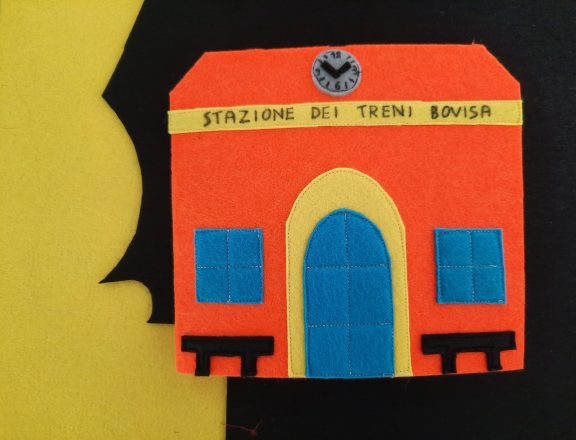 Making our felt bus book: the train station entrance