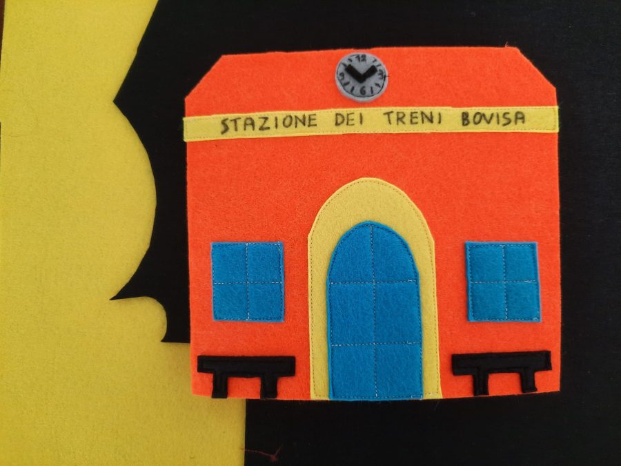 Making our felt bus book: the train station entrance